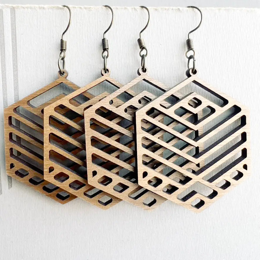 Ani Wood Drop Earrings - Natural Wood Drop Earrings- Feature a bold hexagonal design with modern cutouts. Lightweight and stylish, perfect for adding geometric flair to any outfit