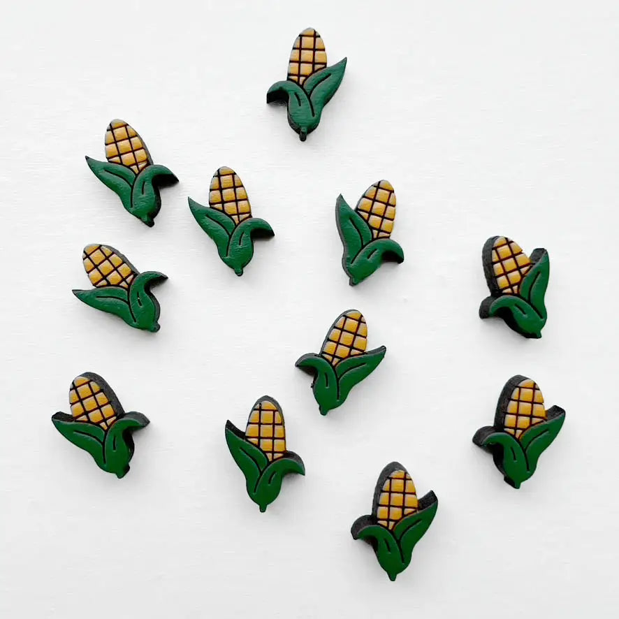 Corn Wood Stud Earrings - Painted Wood Stud Earrings Fun corn-shaped wood stud earrings with hand-painted details and titanium posts. Lightweight, hypoallergenic, and perfect for Midwest pride or Nebraska lovers.