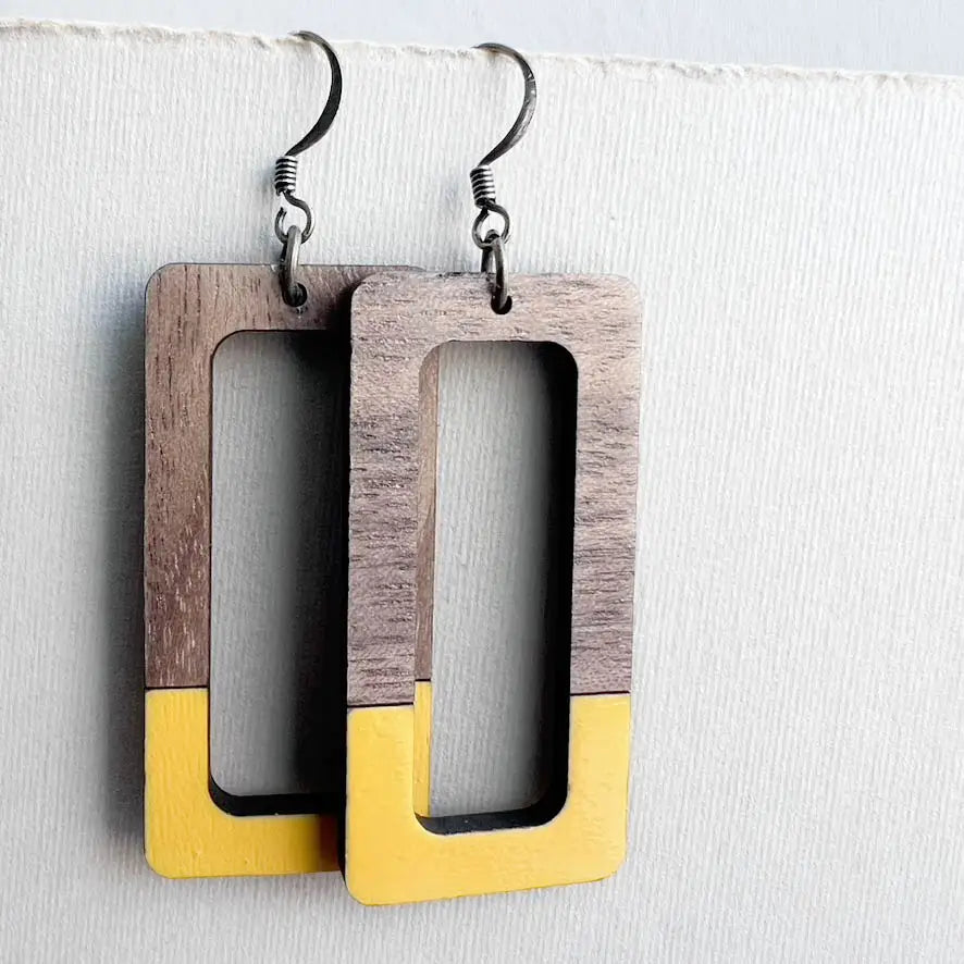 Dipped Kate + Walnut Wood Drop Earrings - Saffron Yellow - Painted Wood Drop Earrings