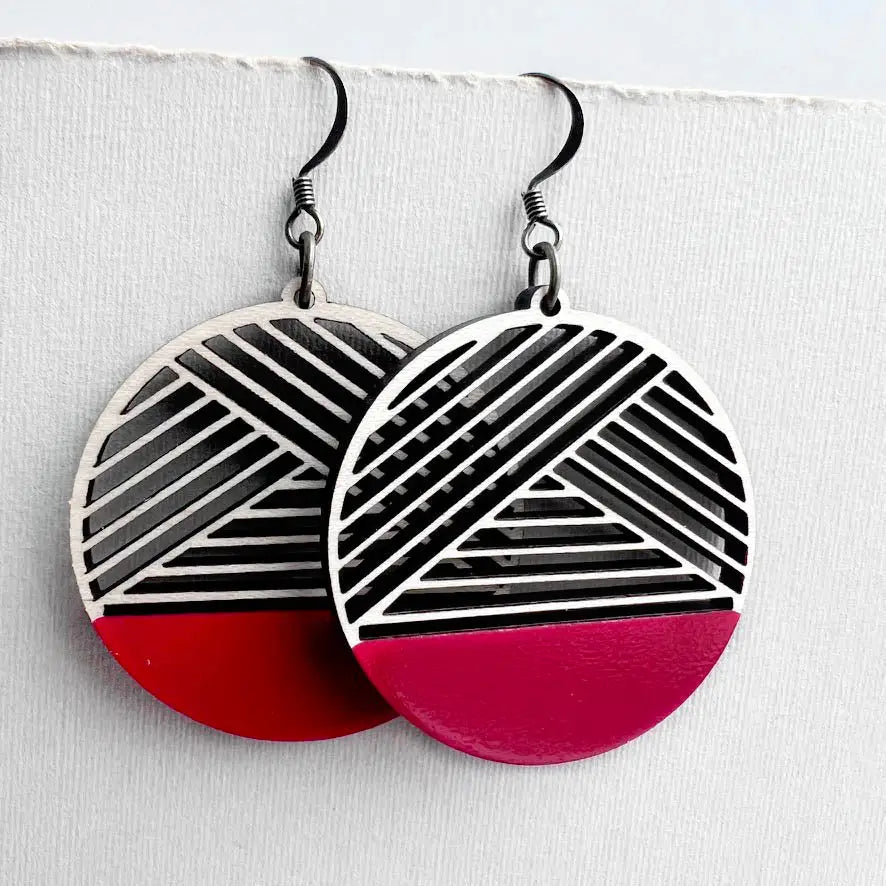 Dipped Metric + Maple Wood Drop Earrings - Red - Painted Wood Drop Earrings