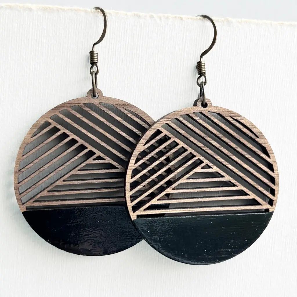 Dipped Metric + Walnut Wood Drop Earrings - Black - Painted Wood Drop Earrings