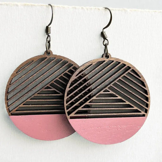 Dipped Metric + Walnut Wood Drop Earrings - Dusty Rose - Painted Wood Drop Earrings