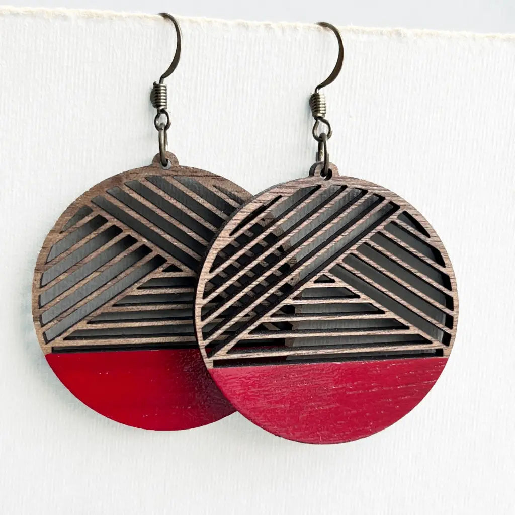 Dipped Metric + Walnut Wood Drop Earrings - Red - Painted Wood Drop Earrings