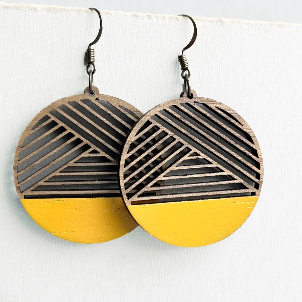 Dipped Metric + Walnut Wood Drop Earrings - Saffron Yellow - Painted Wood Drop Earrings