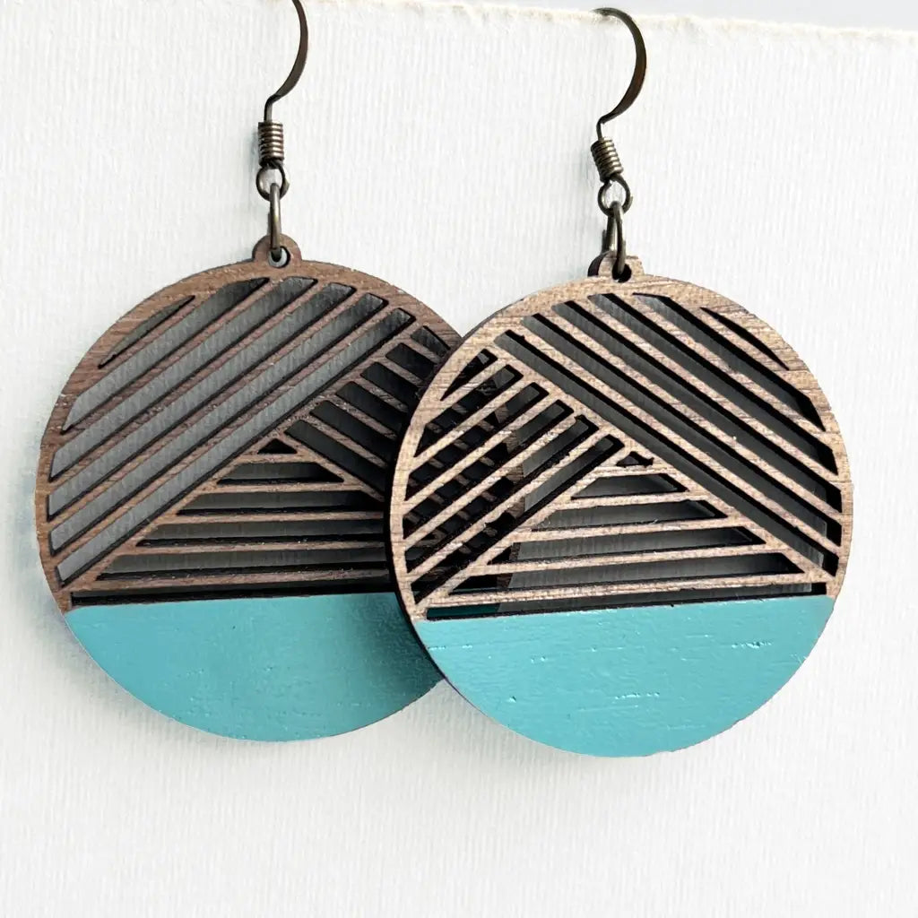 Dipped Metric + Walnut Wood Drop Earrings - South by Southwest Turquoise - Painted Wood Drop Earrings
