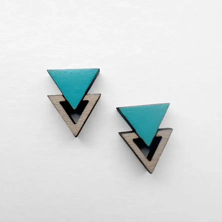 Double Triangle Wood Stud Earrings - Painted Wood Stud Earrings - Aquamarine