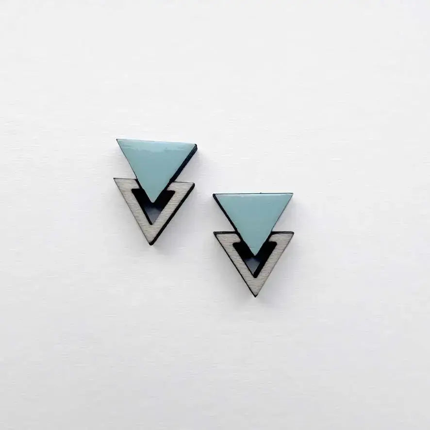 Double Triangle Wood Stud Earrings - Painted Wood Stud Earrings - Blue Torch Cactus