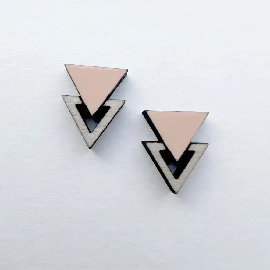 Double Triangle Wood Stud Earrings - Painted Wood Stud Earrings - Pebble Nude