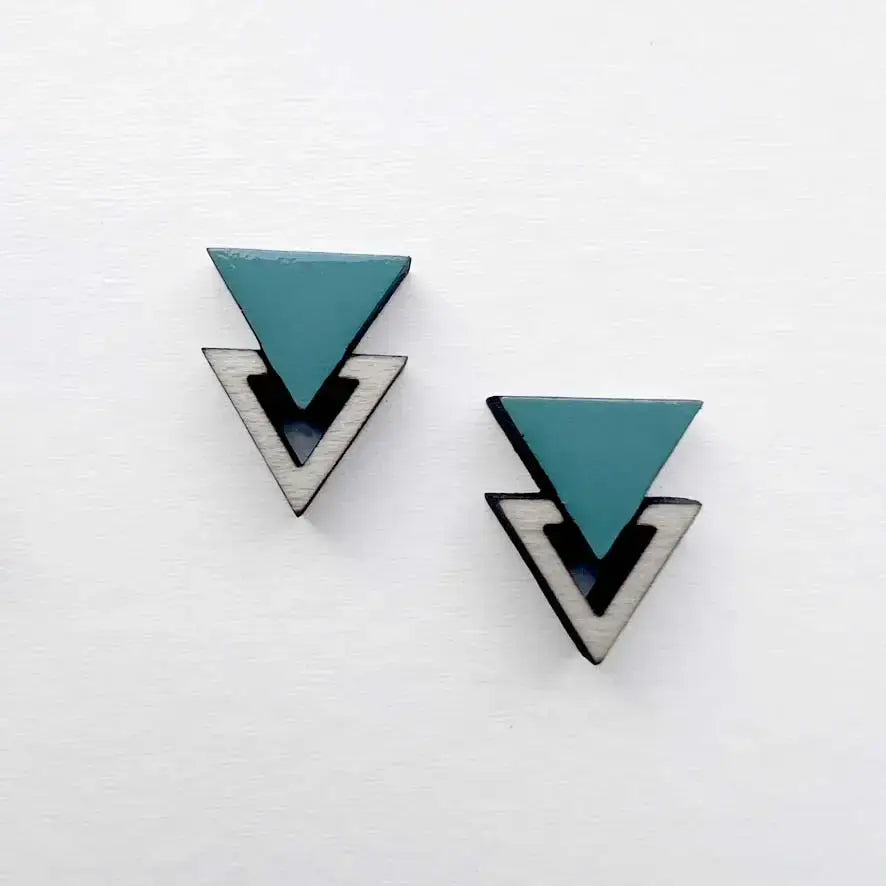 Double Triangle Wood Stud Earrings - Painted Wood Stud Earrings - SXSW Turquoise