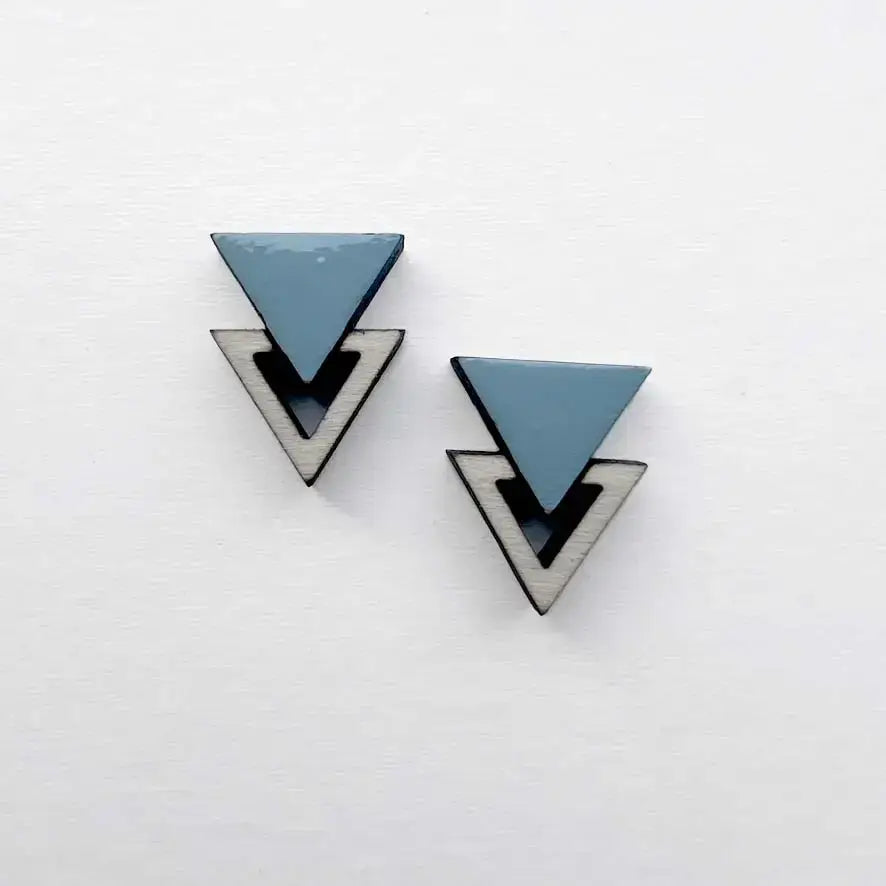 Double Triangle Wood Stud Earrings - Painted Wood Stud Earrings - Wayward Blue