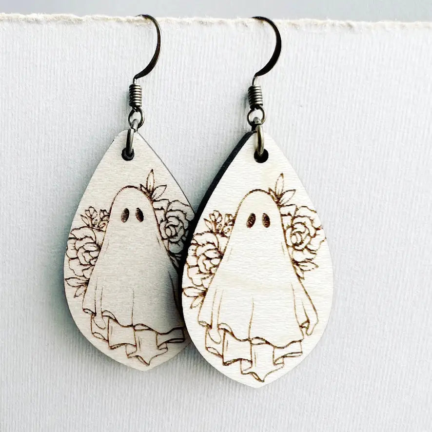 Ghost and Floral Wood Drop Earring