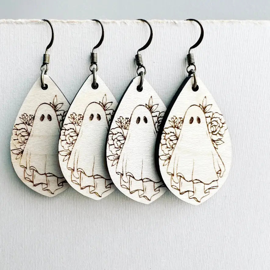 Ghost and Floral Wood Drop Earrings