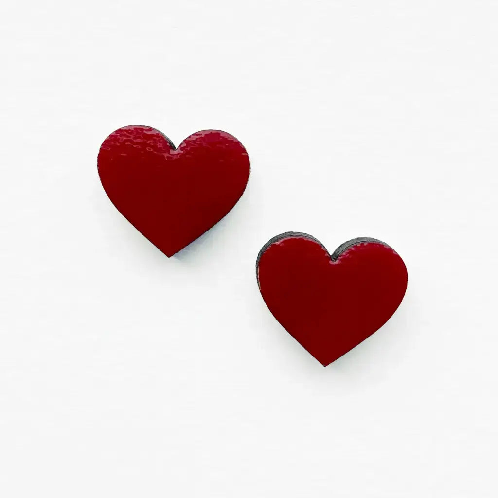 Heart Wood Stud Earrings - Red - Painted Wood Stud Earrings
