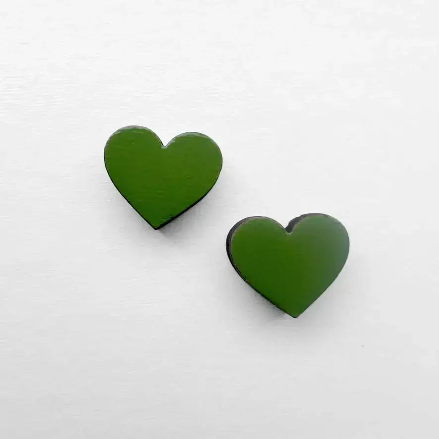 Heart Wood Stud Earrings - Painted Wood Stud Earrings - Moss Green