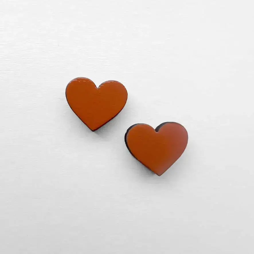 Heart Wood Stud Earrings - Painted Wood Stud Earrings - Orange