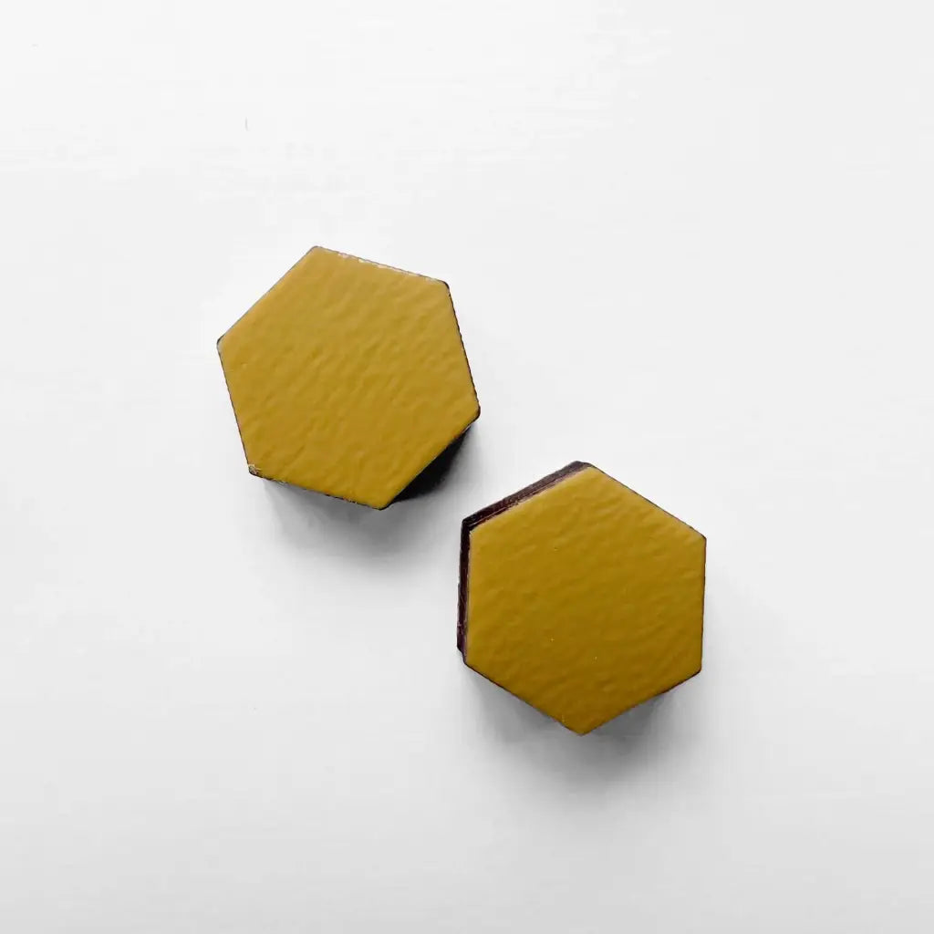 Hexagon Wood Stud Earrings Adobe Sun Yellow