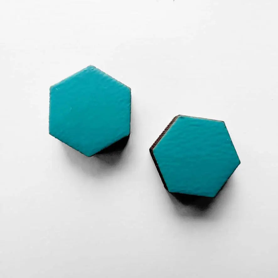 Hexagon Wood Stud Earrings Aquamarine