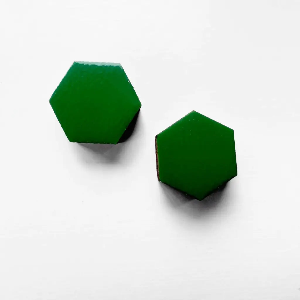 Hexagon Wood Stud Earrings Desert Fern Green