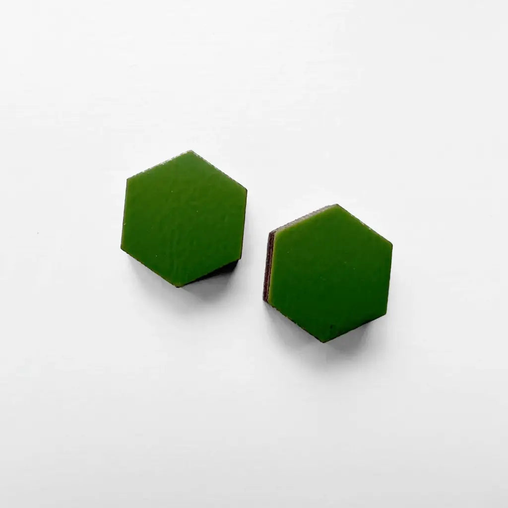 Hexagon Wood Stud Earrings Moss Green