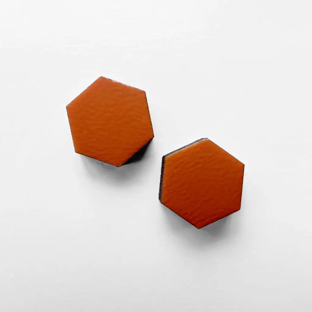 Hexagon Wood Stud Earrings Orange
