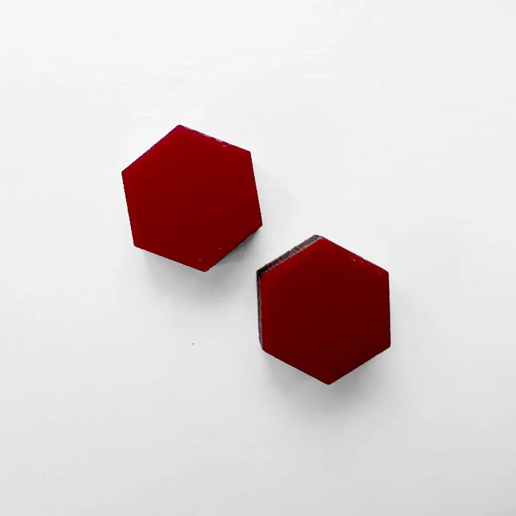 Hexagon Wood Stud Earrings Red