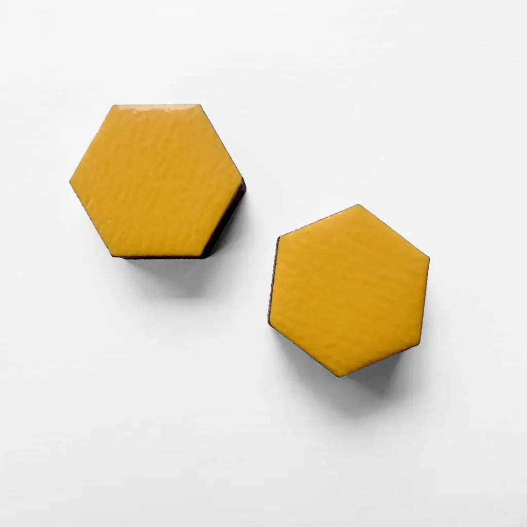 Hexagon Wood Stud Earrings Saffron Yellow