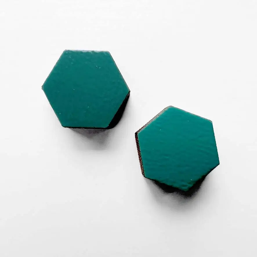 Hexagon Wood Stud Earrings Turquoise Trail