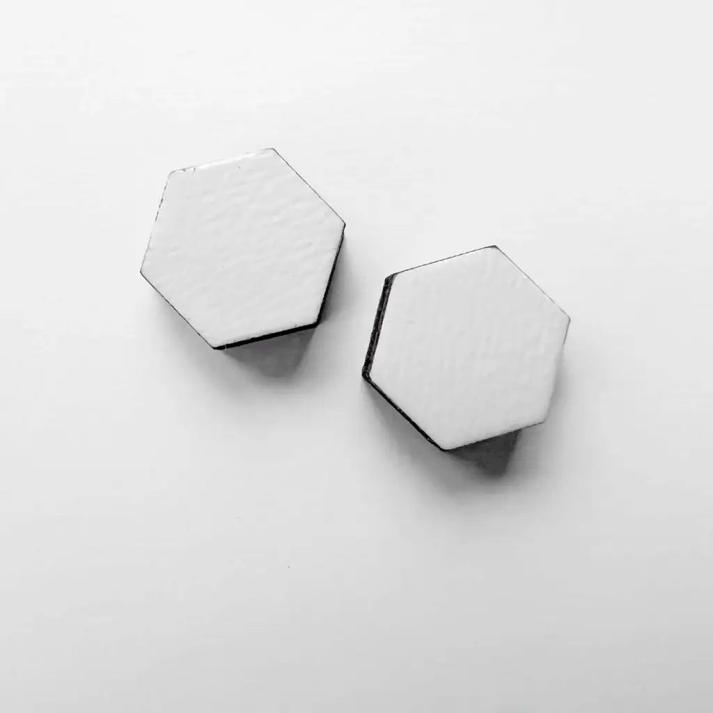 Hexagon Wood Stud Earrings White
