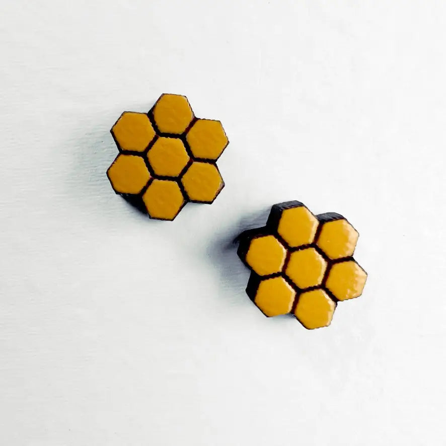 Honeycomb Wood Stud Earrings - 08MM - Painted Wood Stud Earrings