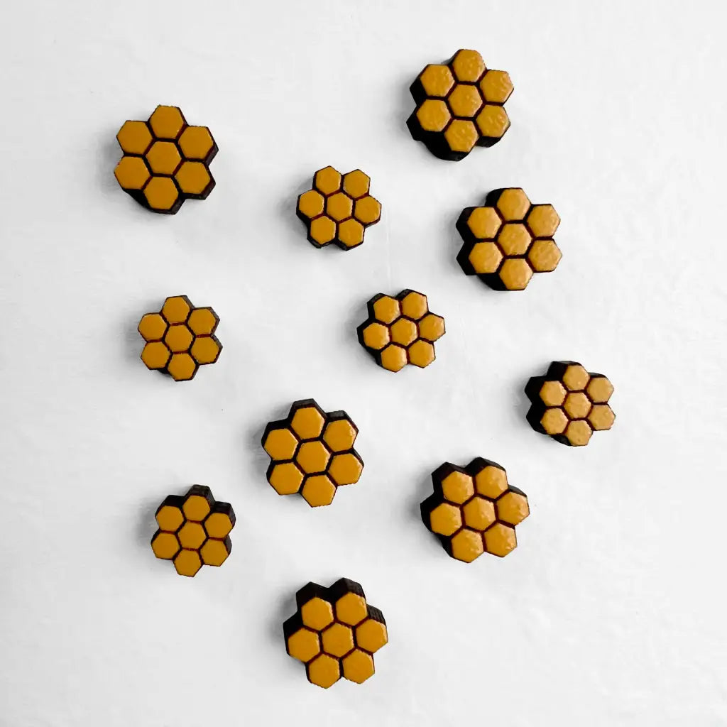 Honeycomb Wood Stud Earrings - Honeycomb wood stud earrings, hand-painted with titanium posts. Lightweight, hypoallergenic, and perfect for bee and nature lovers. Shop handmade.