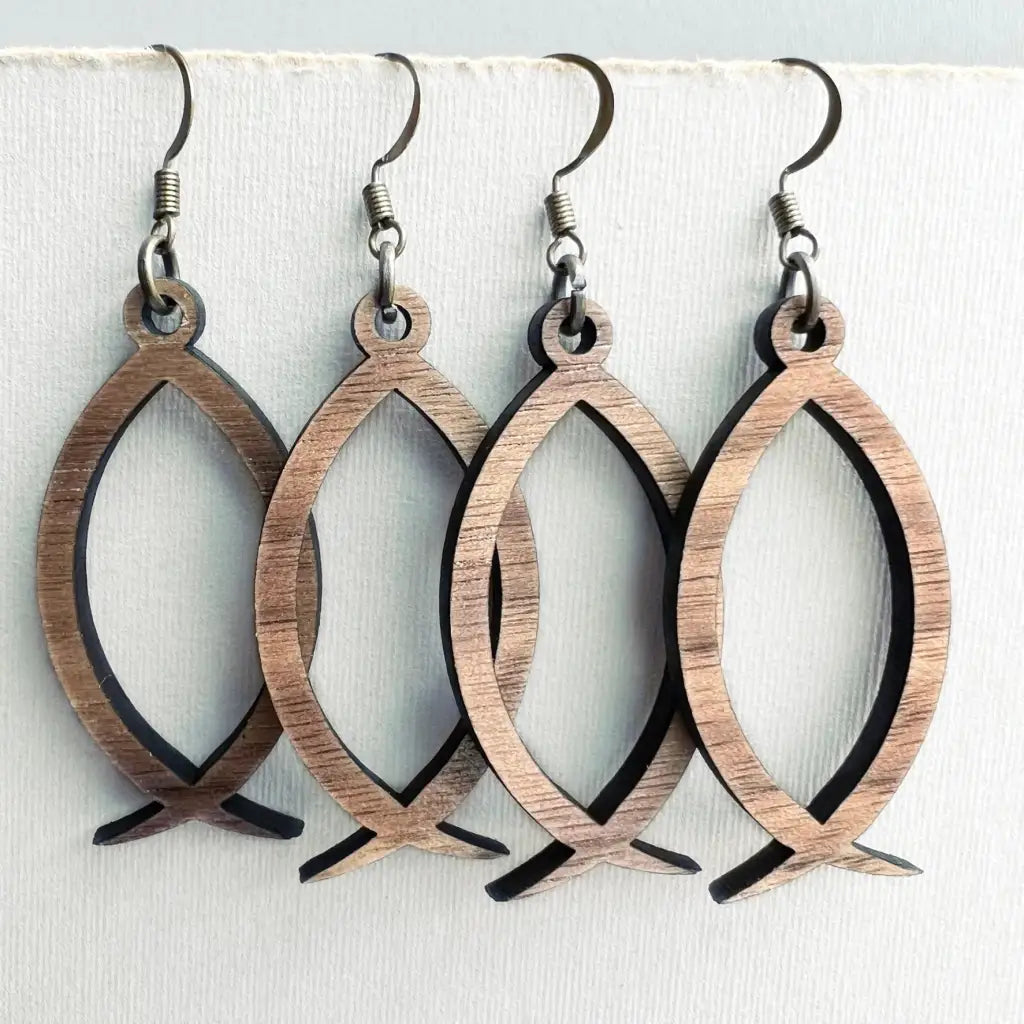 Ichthys ’Jesus Fish’ Wood Drop Earrings - Christian fish wood drop earrings, laser-cut from sustainable walnut wood. Lightweight design with hypoallergenic titanium hooks. Perfect gift for faith-inspired style.