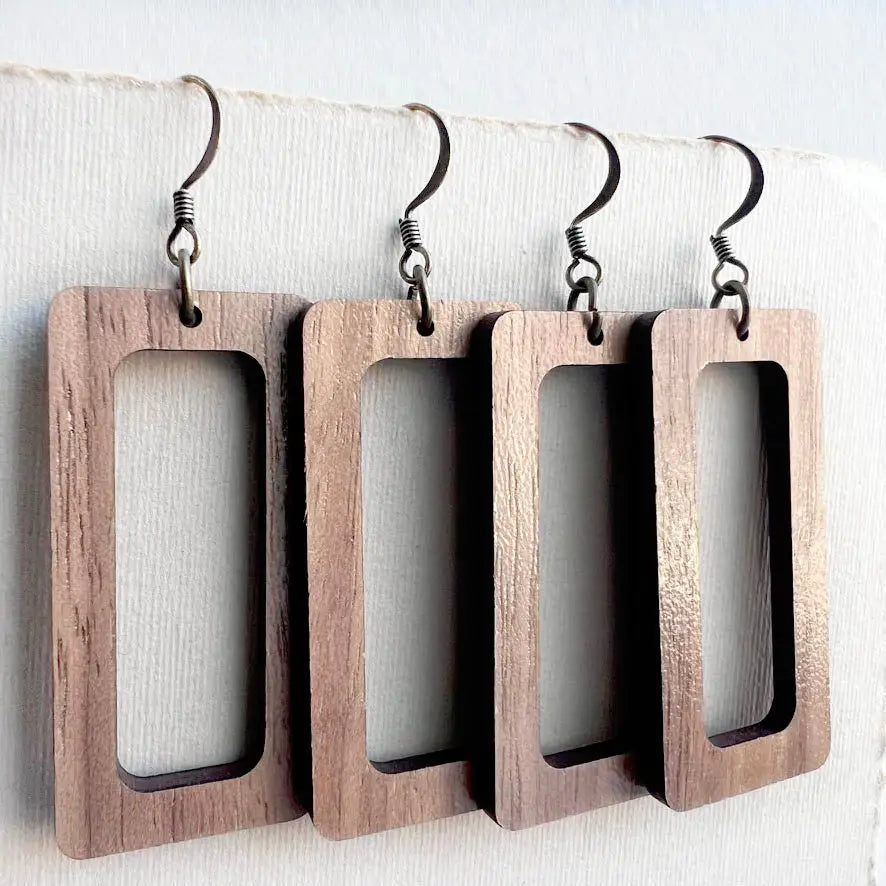 Kate Wood Drop Earrings - Natural Wood Drop Earrings Elevate your style with minimalist walnut wood rectangular drop earrings. Lightweight, sustainable, and crafted with care. Perfect for everyday or bold modern looks