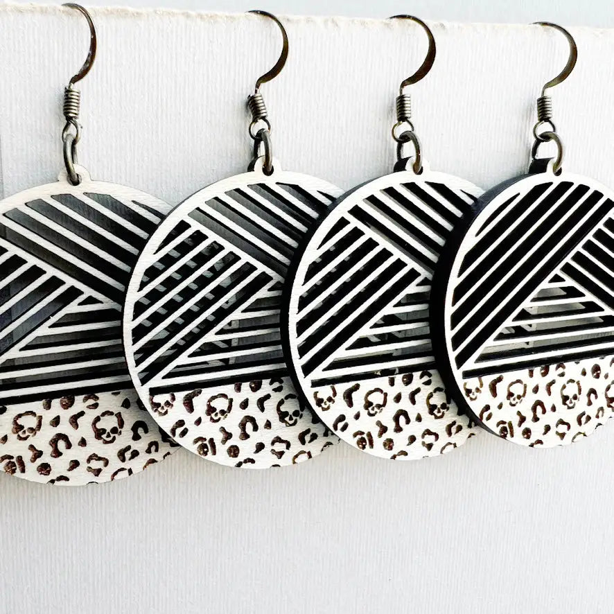 Leopard Skull Print Metric + Maple Wood Drop Earrings - Natural Wood Drop Earrings Shop bold engraved leopard skull wood earrings with geometric designs. Lightweight statement pieces perfect for edgy, modern styles. Made for fashion lovers.