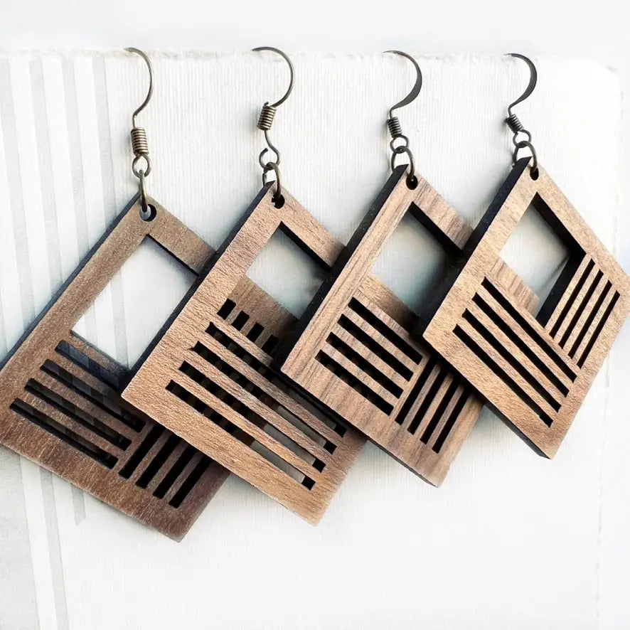 Lilith Wood Drop Earrings - Natural Wood Drop Earrings Geometric wood drop earrings with bold cutout design, crafted from sustainable walnut. Lightweight, modern, and perfect for adding style to any outfit.