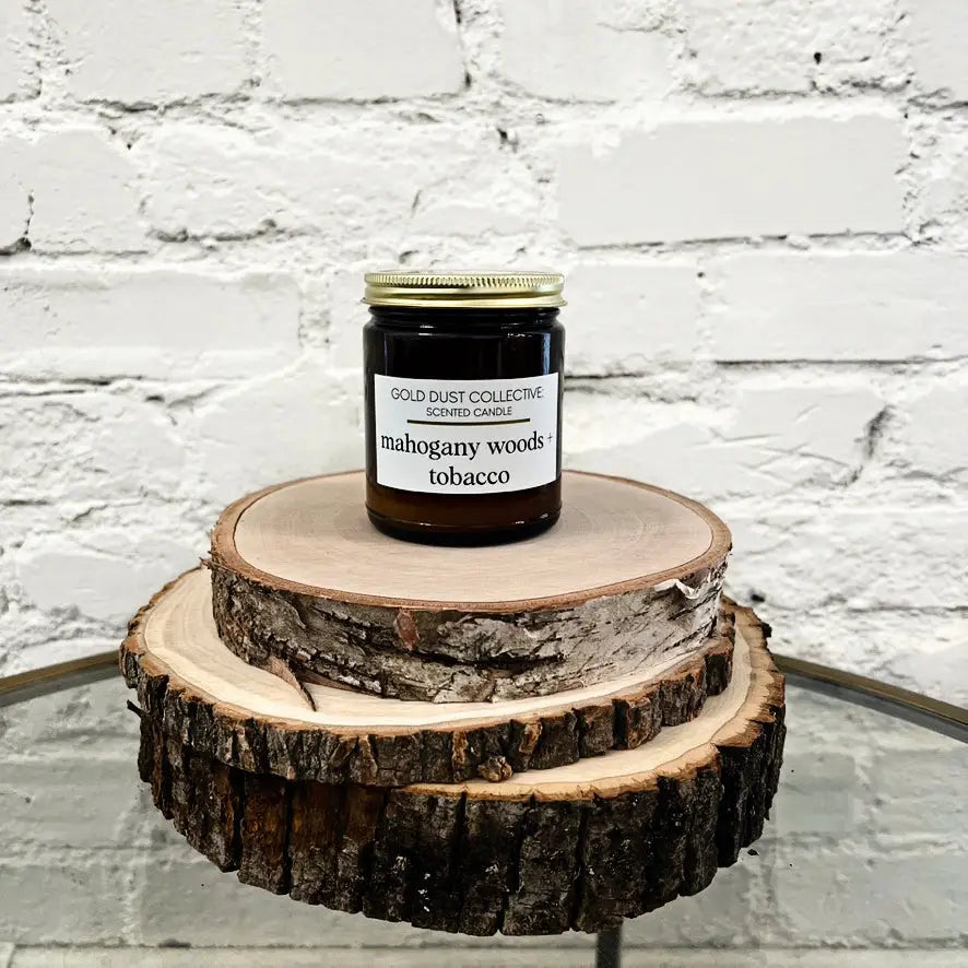 Mahogany Woods + Tobacco Scented Candle -Note Profile: Masculine + Spicy + Woody Lavender, Mahogany, Black Pepper, Clove, Tonka Bean, Sandalwood, Vanilla, Amber, Patchouli - Coconut Apricot Luxury Wax.