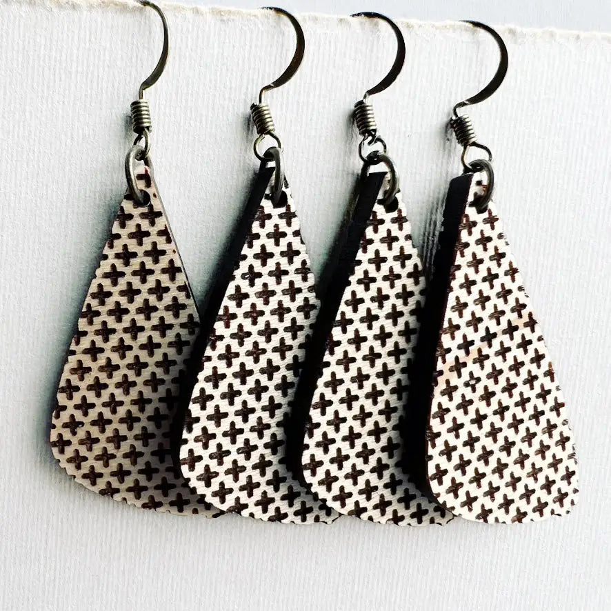 Memphis Wood Drop Earrings - Natural Wood Drop Earrings Discover handcrafted triangular wood earrings with engraved cross patterns. Lightweight and hypoallergenic, perfect for everyday wear or gifting. Shop now!