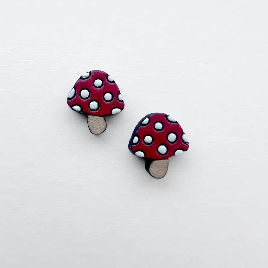 Mushroom Wood Stud Earrings - Painted Wood Stud Earrings