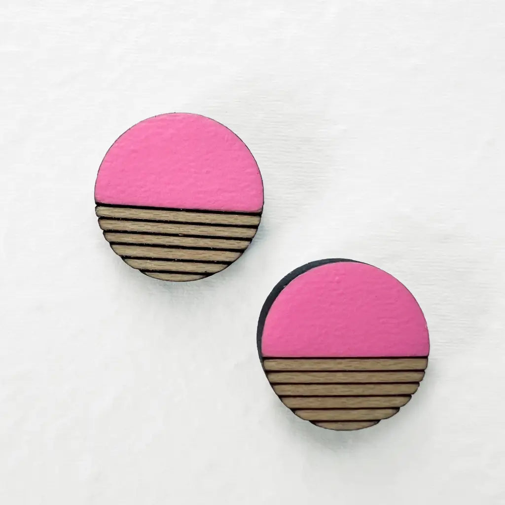 Retro Wood Stud Earrings - 10MM / Pink Peony - Painted Wood Stud Earrings