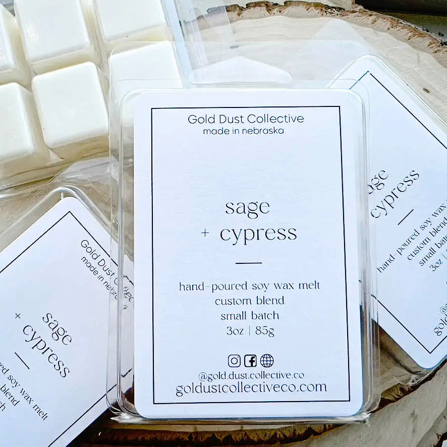 Sage + Cypress Soy Wax Melt - Note Profile: Aromatic + Citrus + Herbal + Masculine Citrus, Spruce, Sage, Cypress, Saffron, Sandalwood, Palo Santo, Amber, Patchouli