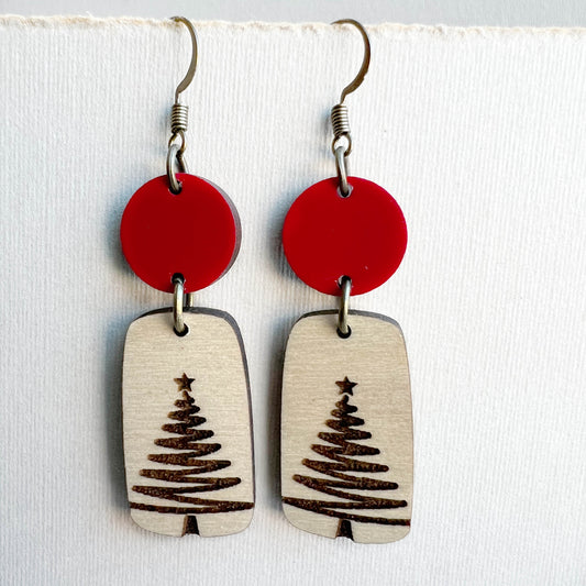 Tree Statement Wood Drop Earrings - Red / 1 inch - Painted Wood Drop Earrings