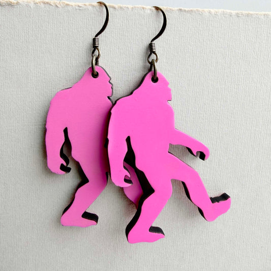 Bigfoot Wood Drop Earrings – Sasquatch Statement Earrings Bright Pink