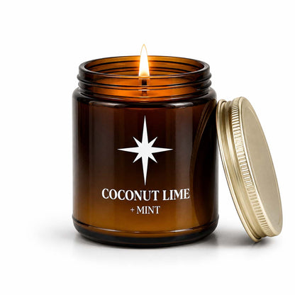 Coconut Lime and Mint Scented Candle with flame