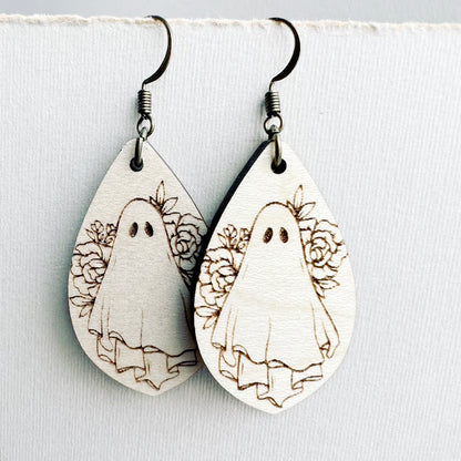 Ghost + Floral Wood Drop Earrings