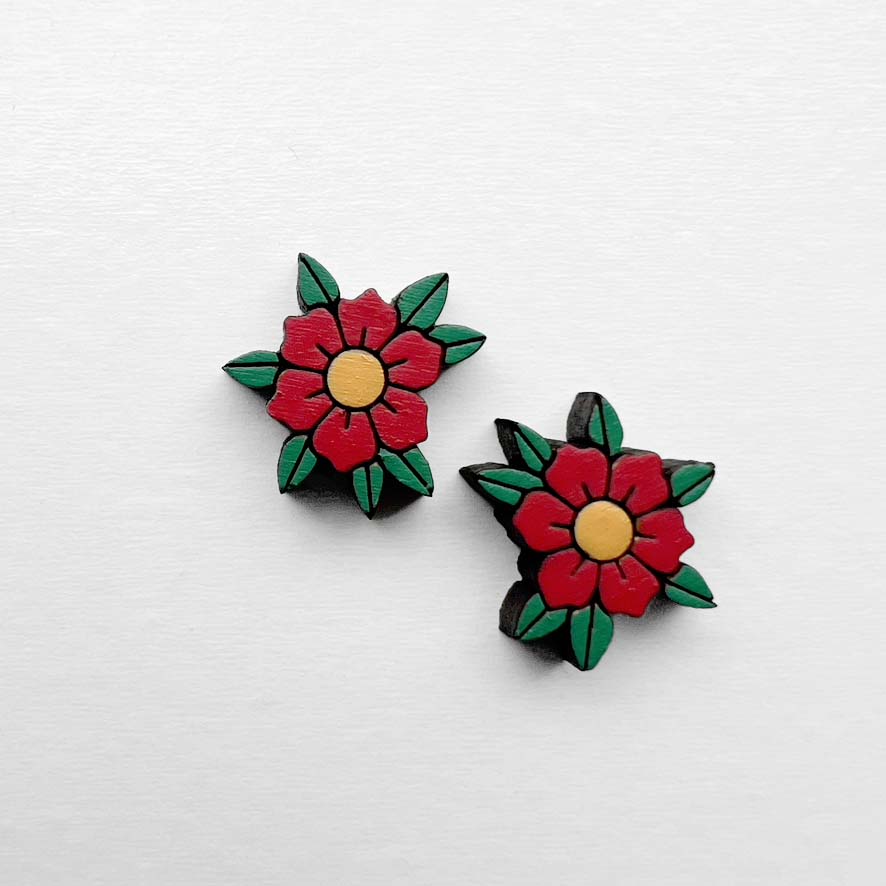 June Wood Stud Earring – Traditional Tattoo-Inspired Flower Red