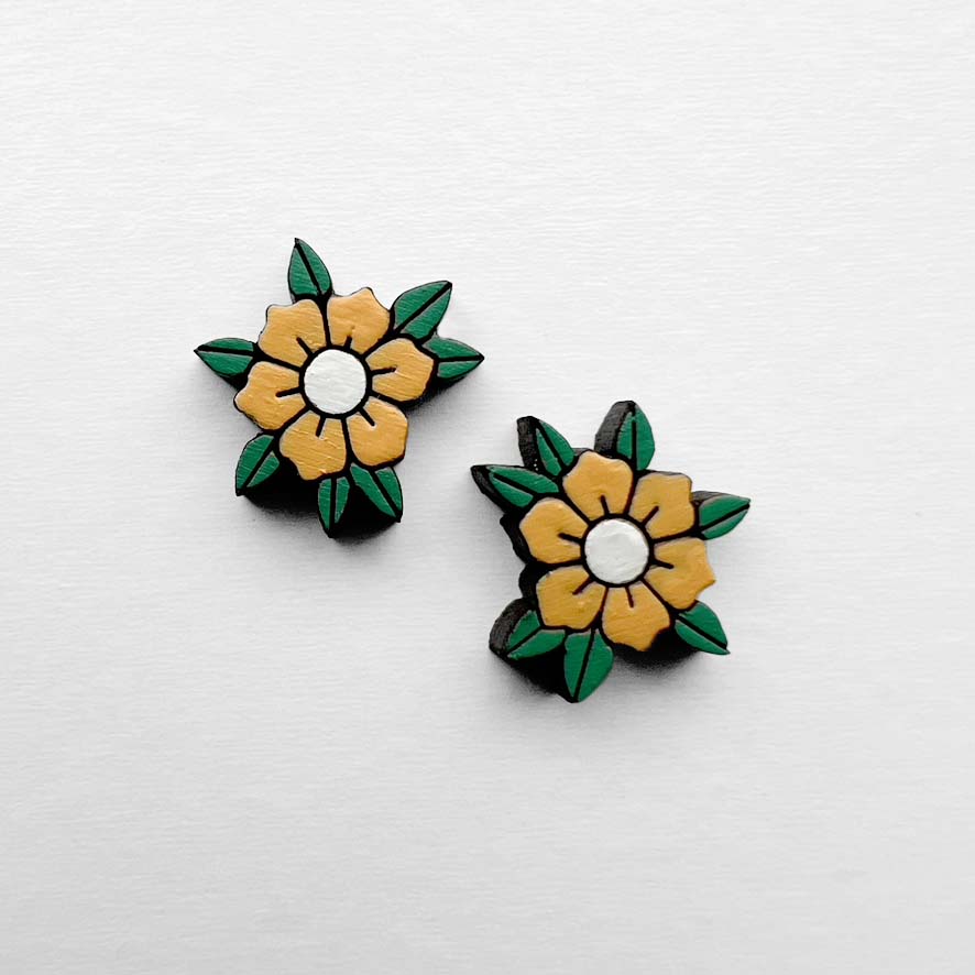 June Wood Stud Earring – Traditional Tattoo-Inspired Flower Yellow
