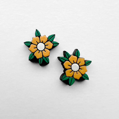 June Wood Stud Earring – Traditional Tattoo-Inspired Flower Yellow