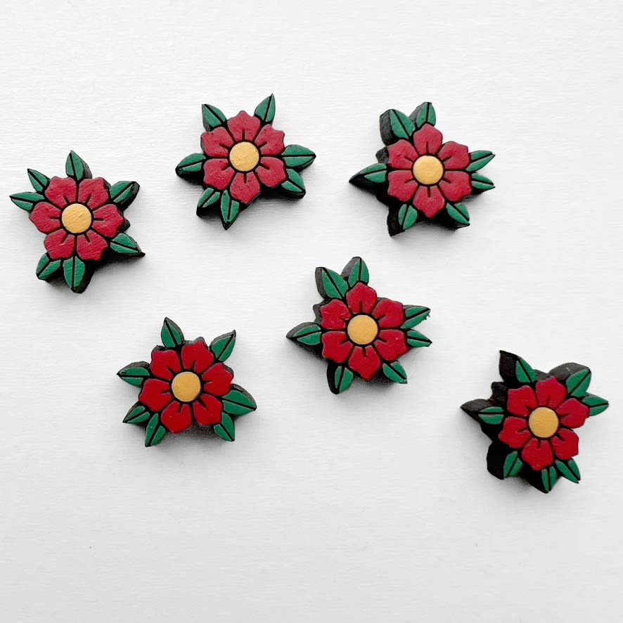 June Wood Stud Earrings – Traditional Tattoo-Inspired Flower Red