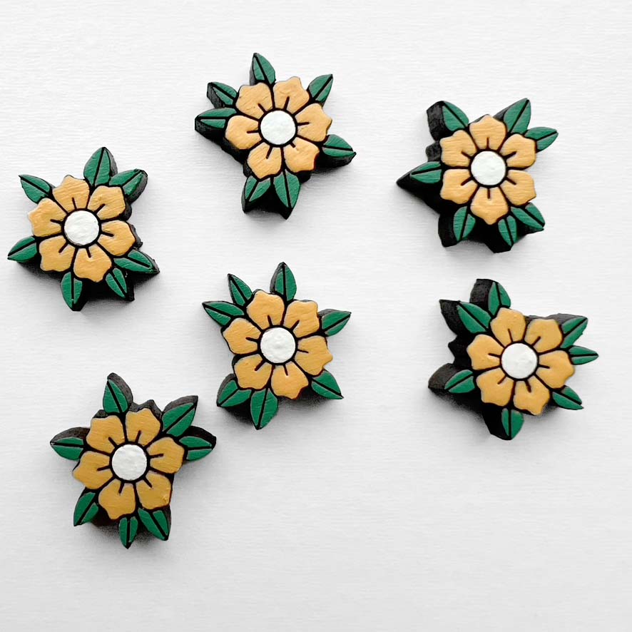 June Wood Stud Earrings – Traditional Tattoo-Inspired Flower Yellow