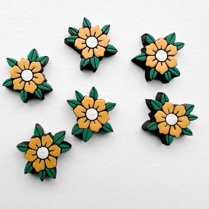 June Wood Stud Earrings – Traditional Tattoo-Inspired Flower Yellow