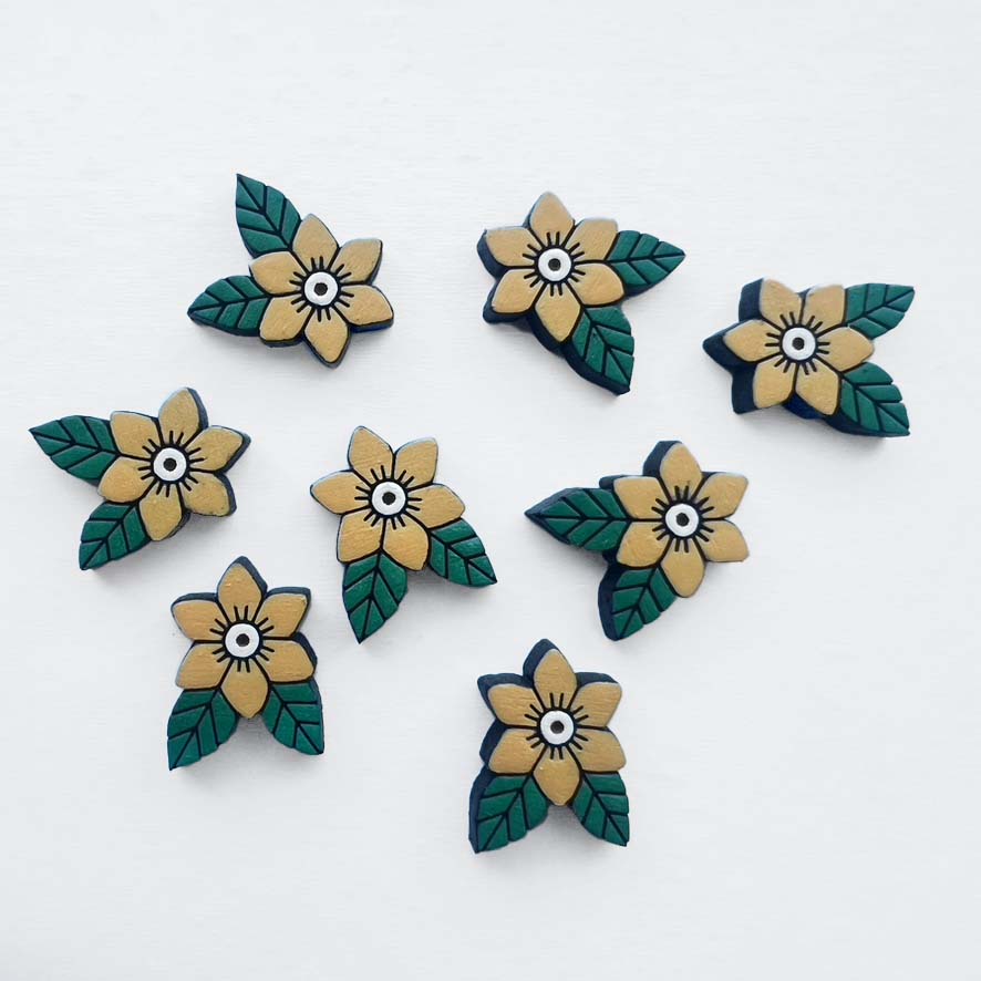 Ramona Wood Stud Earrings – Traditional Tattoo-Inspired Flower - Yellow